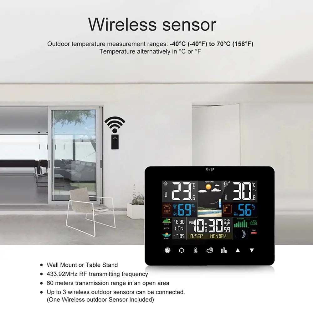 Multifunctional Weather Station Alarm Clock Touch Screen Thermometer Hygrometer Wireless Sensor Sunrise Sunset Hygrothermograph MADATEX
