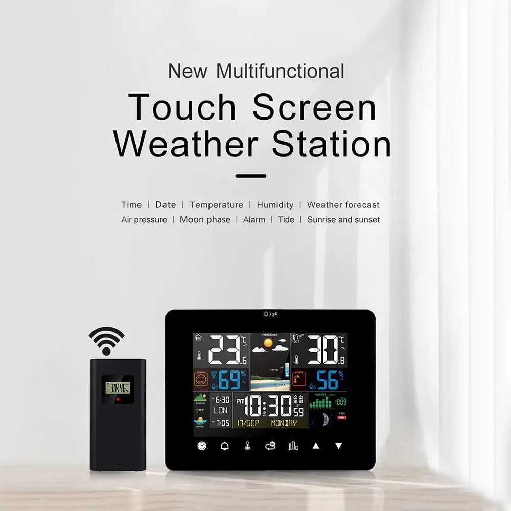 Multifunctional Weather Station Alarm Clock Touch Screen Thermometer Hygrometer Wireless Sensor Sunrise Sunset Hygrothermograph MADATEX