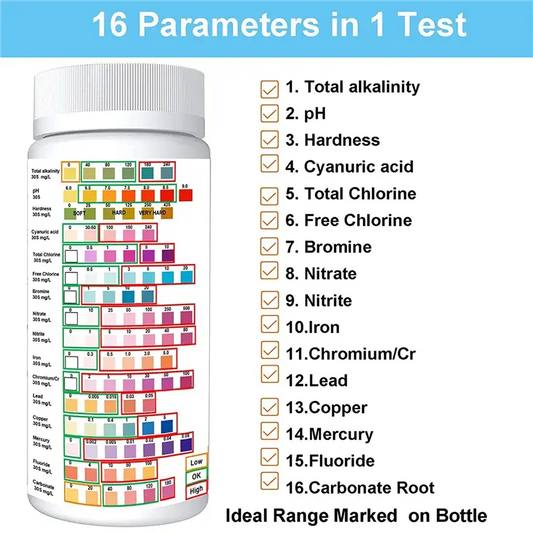 Bouteille de bandelettes de test MadaTex affichant 16 paramètres d'analyse d'eau : pH, chlore, dureté, nitrates, métaux lourds et plus pour piscine et spa