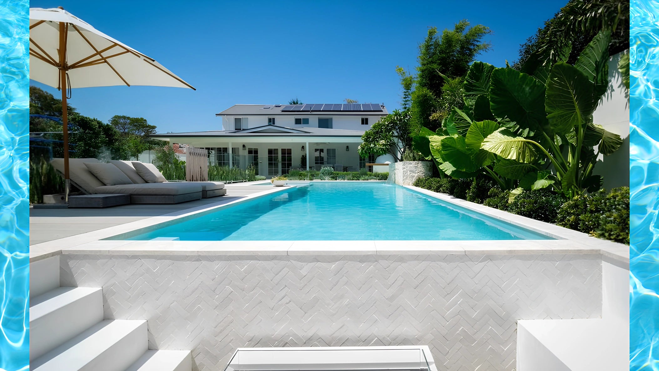 Piscine moderne avec eau cristalline devant une maison, environnement luxuriant, illustrant l’efficacité des kits de test et réparation MadaTex pour un entretien optimal.