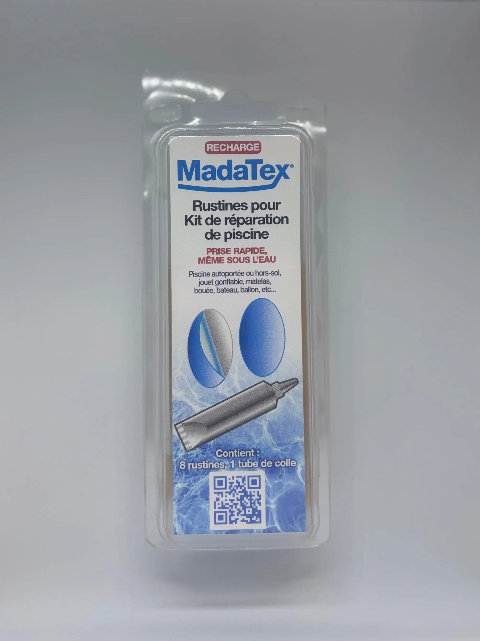 Recharge Madatex pour kit de réparation de piscine autoportante, jouet gonflable, matelas ou bouée – contient 8 rustines et 1 tube de colle.

