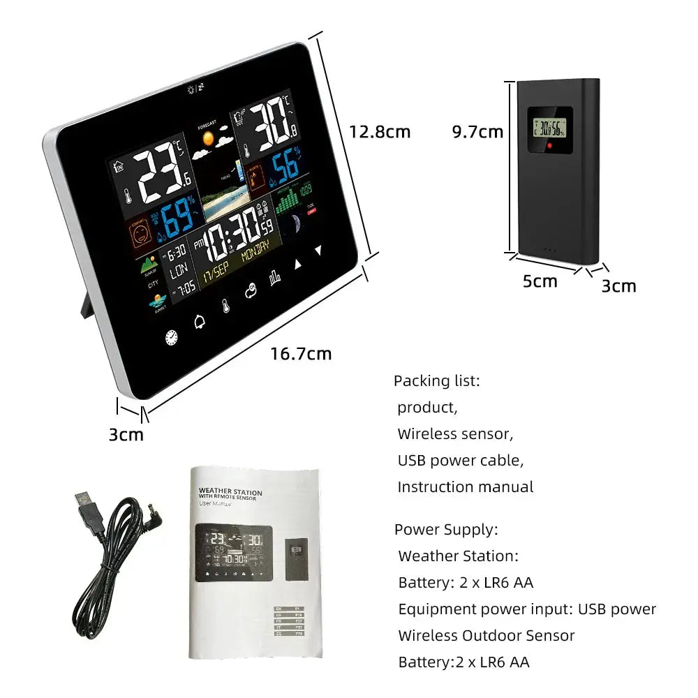 Multifunctional Weather Station Alarm Clock Touch Screen Thermometer Hygrometer Wireless Sensor Sunrise Sunset Hygrothermograph MADATEX