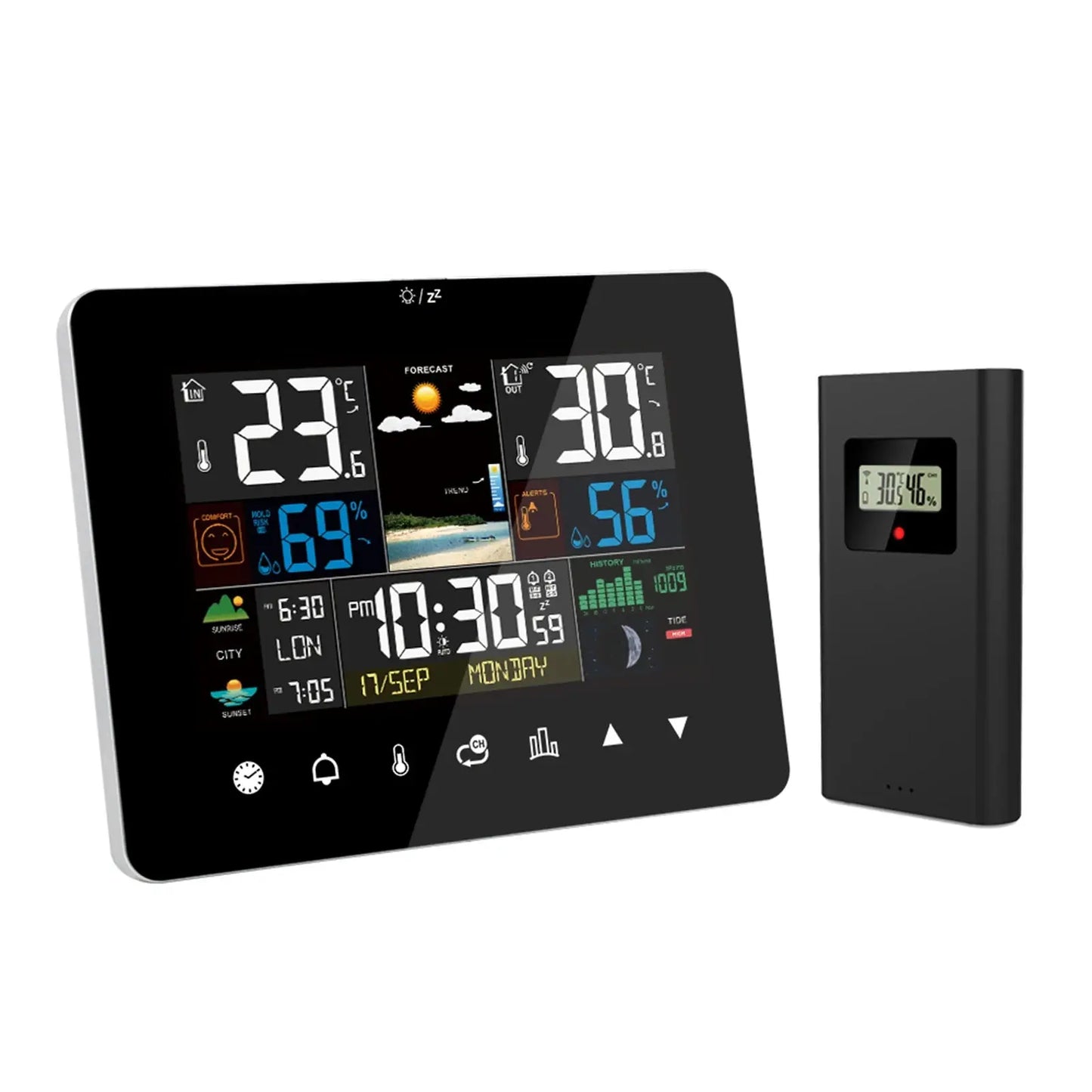 Multifunctional Weather Station Alarm Clock Touch Screen Thermometer Hygrometer Wireless Sensor Sunrise Sunset Hygrothermograph MADATEX