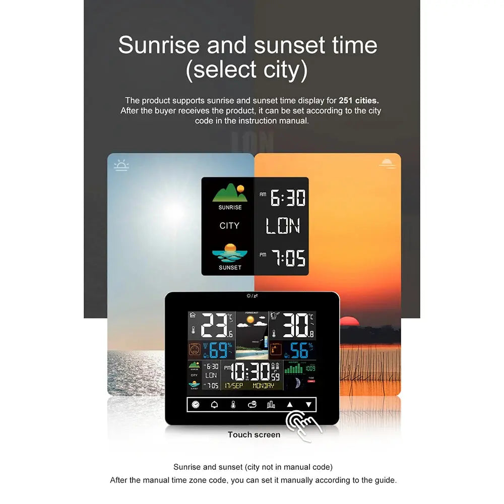 Multifunctional Weather Station Alarm Clock Touch Screen Thermometer Hygrometer Wireless Sensor Sunrise Sunset Hygrothermograph MADATEX