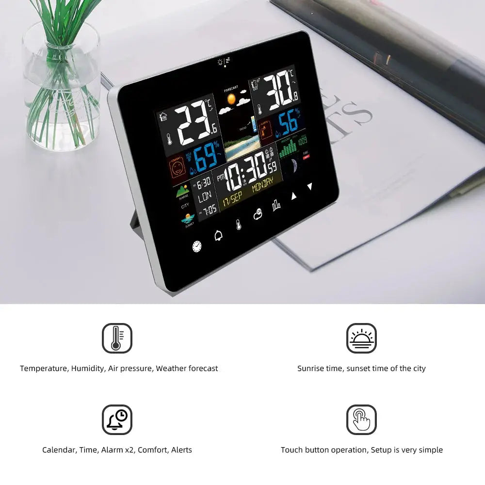 Multifunctional Weather Station Alarm Clock Touch Screen Thermometer Hygrometer Wireless Sensor Sunrise Sunset Hygrothermograph MADATEX
