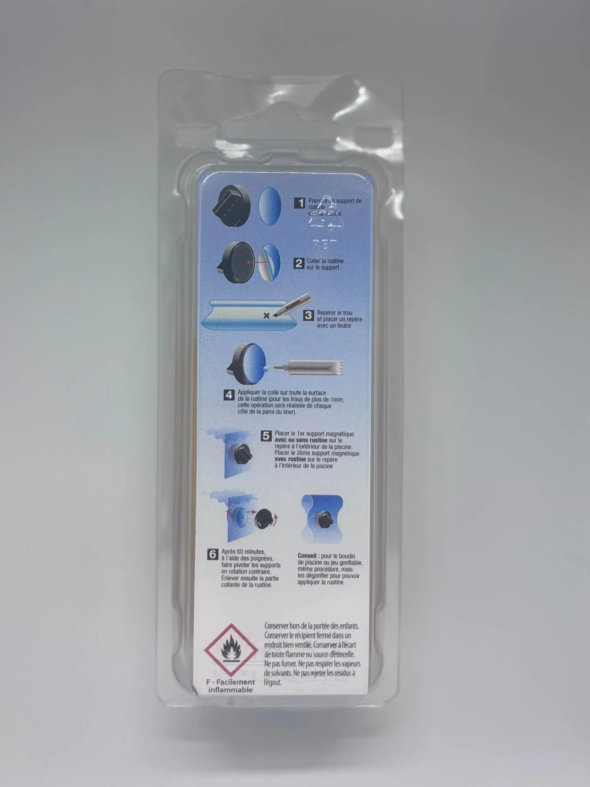 Instructions illustrées pour utiliser un kit de réparation Madatex sur une piscine autoportante ou un spa gonflable.

